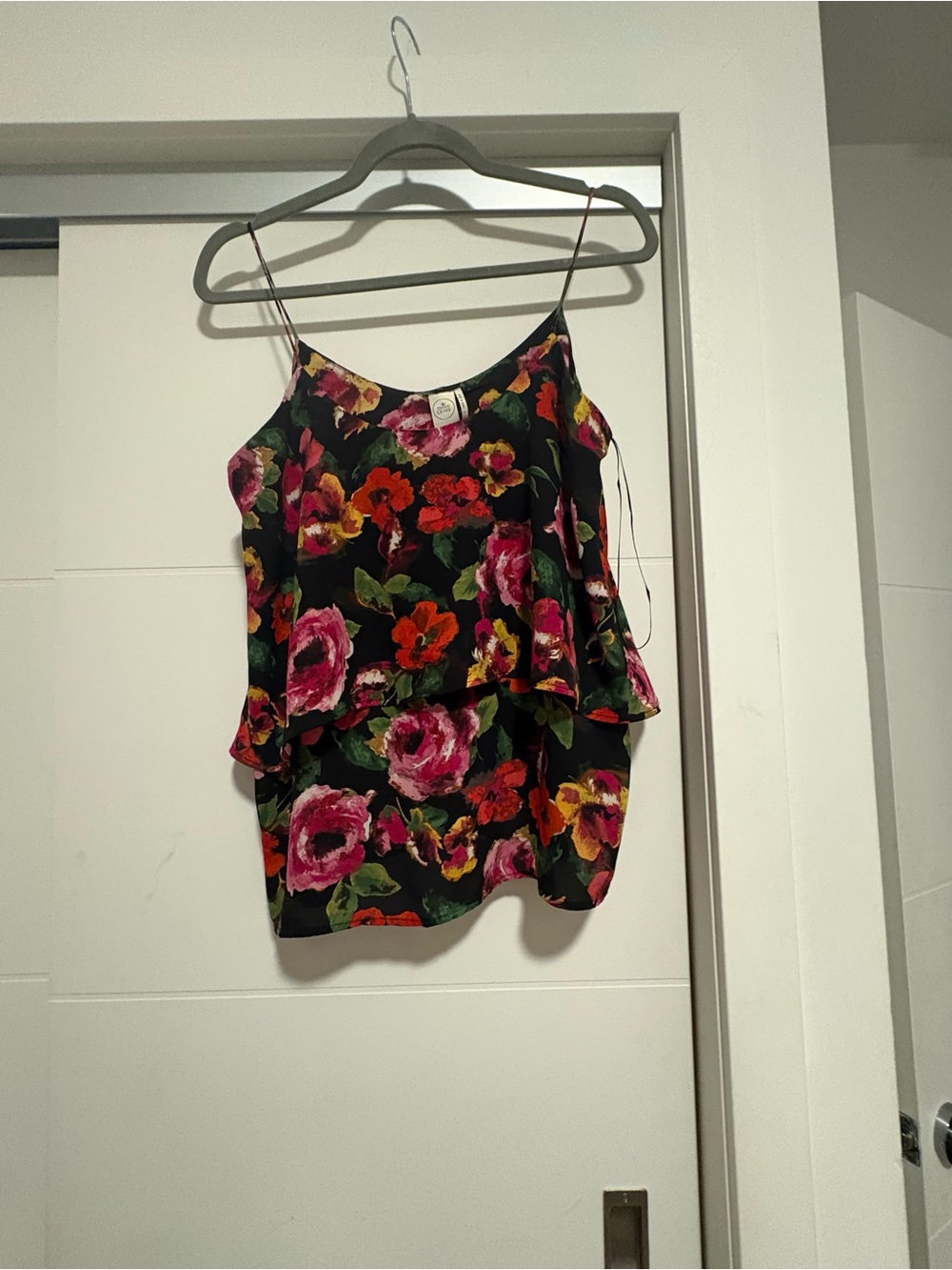 *4 for $30* Floral Tiered Spaghetti Strap Top - Black with Pink & Red Flowers